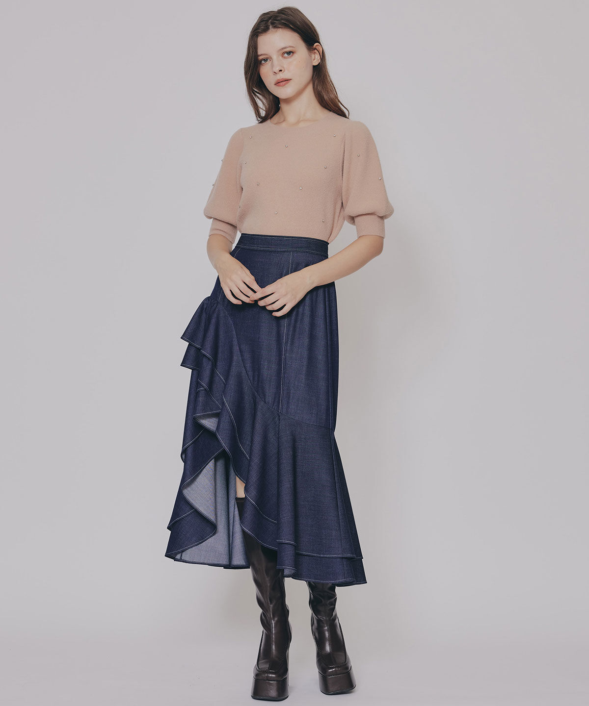 REDYAZEL「アシメフリルデニムライクティアードスカート」|フレア|