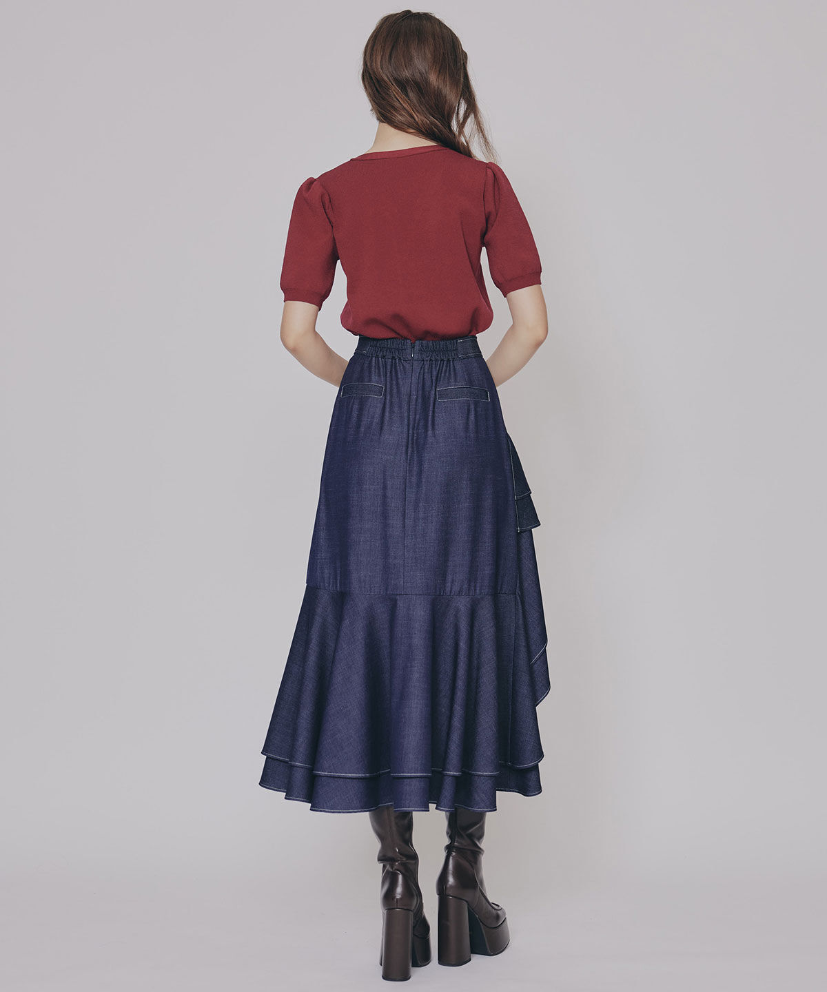 REDYAZEL「アシメフリルデニムライクティアードスカート」|フレア|