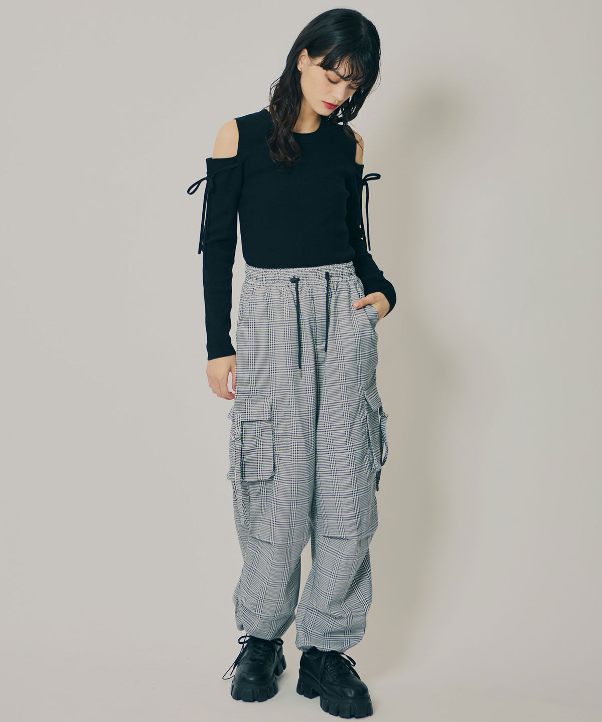 REDYAZEL「リボンオフショルダーニットトップス」|ニット・セーター|