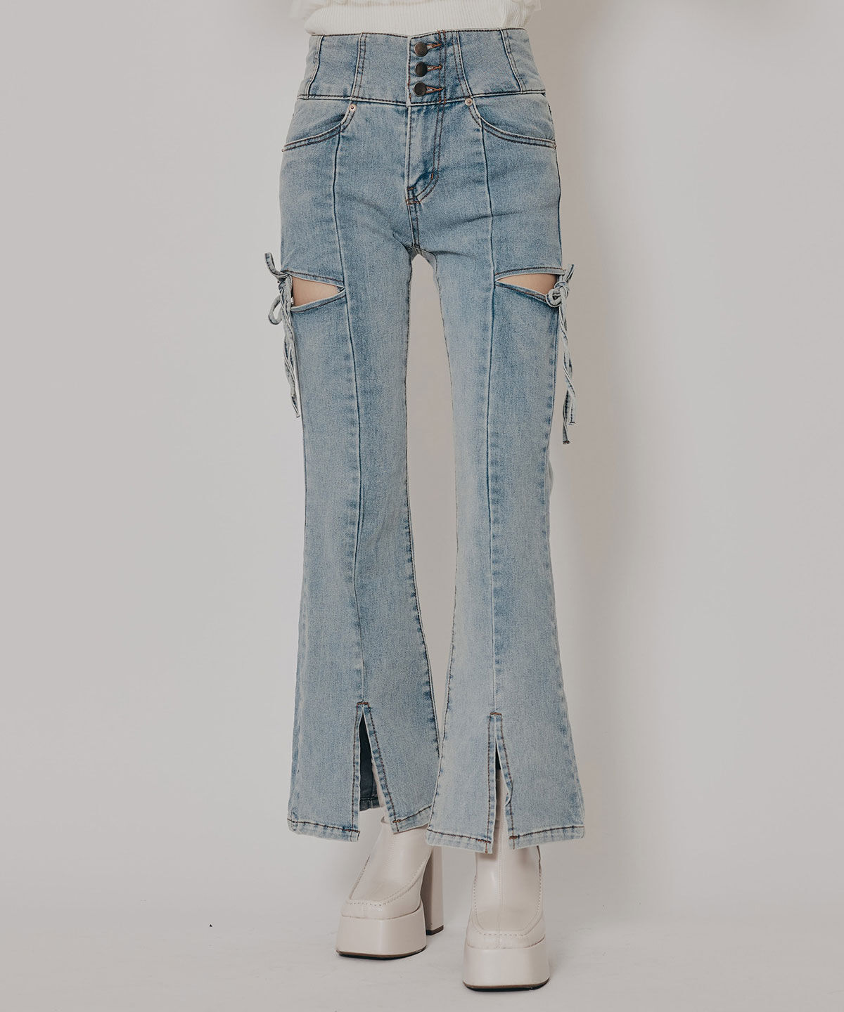 REDYAZEL「カットアウトリボンストレッチデニム」|デニム|ブルー