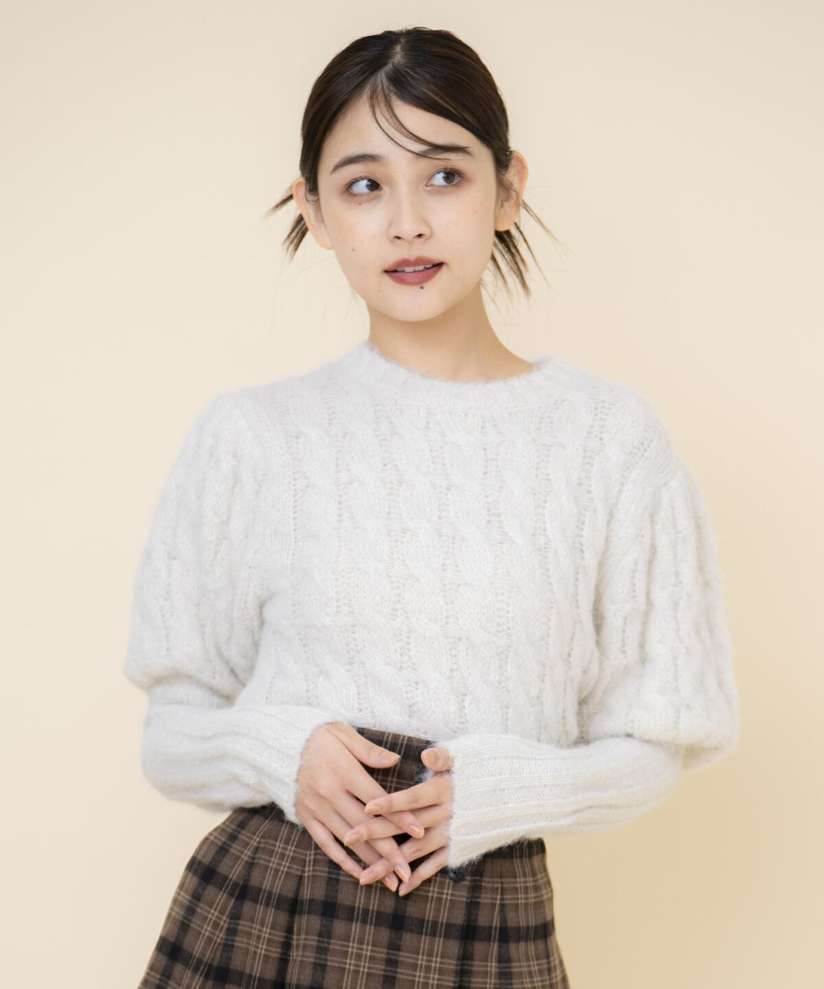 REDYAZEL「ケーブルパフスリーブニットトップス」|ニット・セーター|ライトグレー