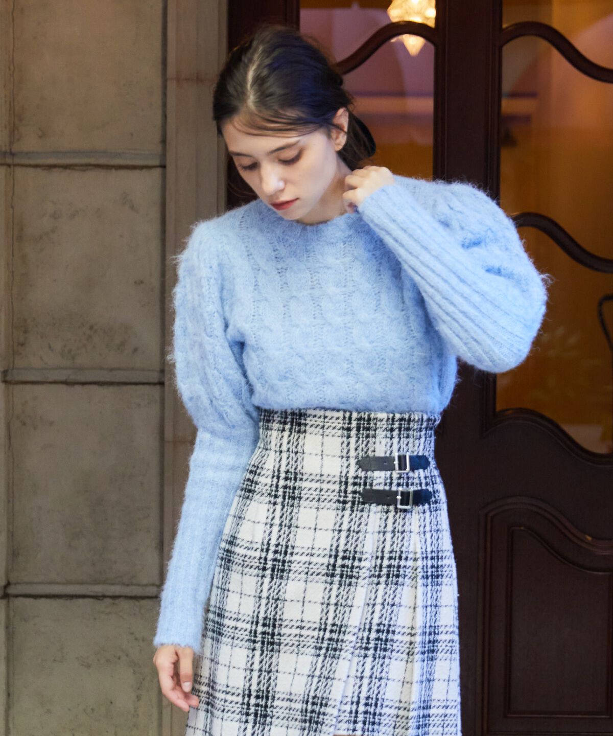 REDYAZEL「ケーブルパフスリーブニットトップス」|ニット・セーター|ブルー