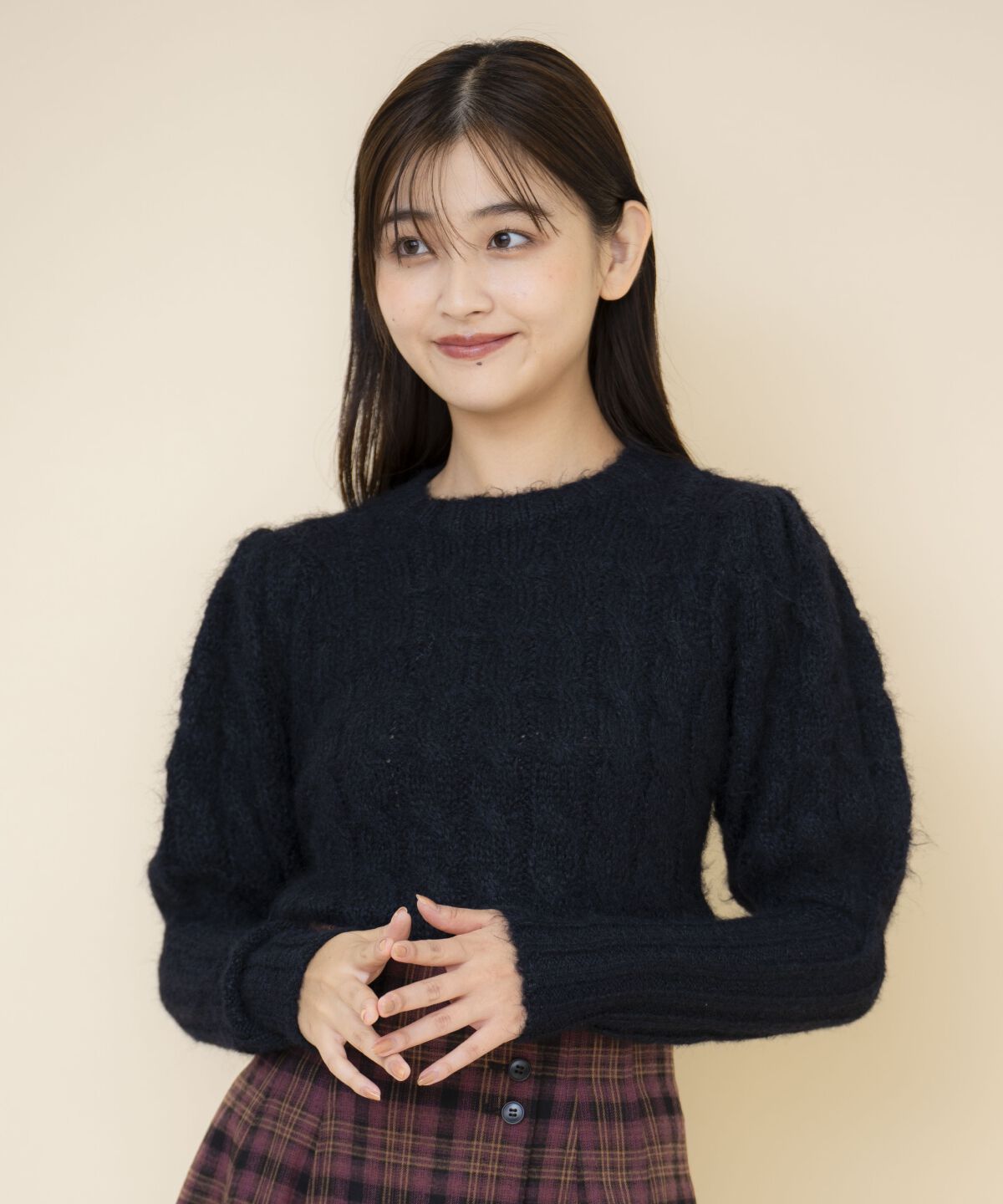 REDYAZEL「ケーブルパフスリーブニットトップス」|ニット・セーター|ブラック