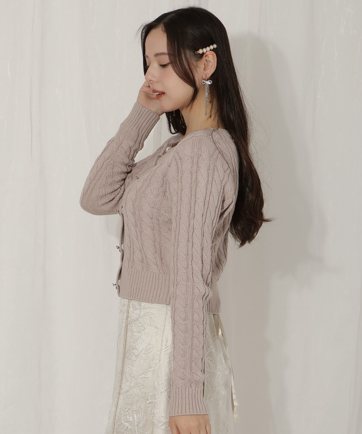 WILLSELECTION「ビジューリボンケーブルカーディガン」|カーディガン|