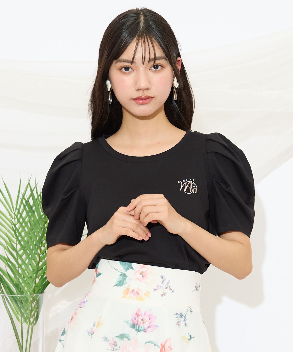 WILLSELECTION「タックスリーブロゴ刺繍トップス」|Tシャツ・カットソー|ブラック