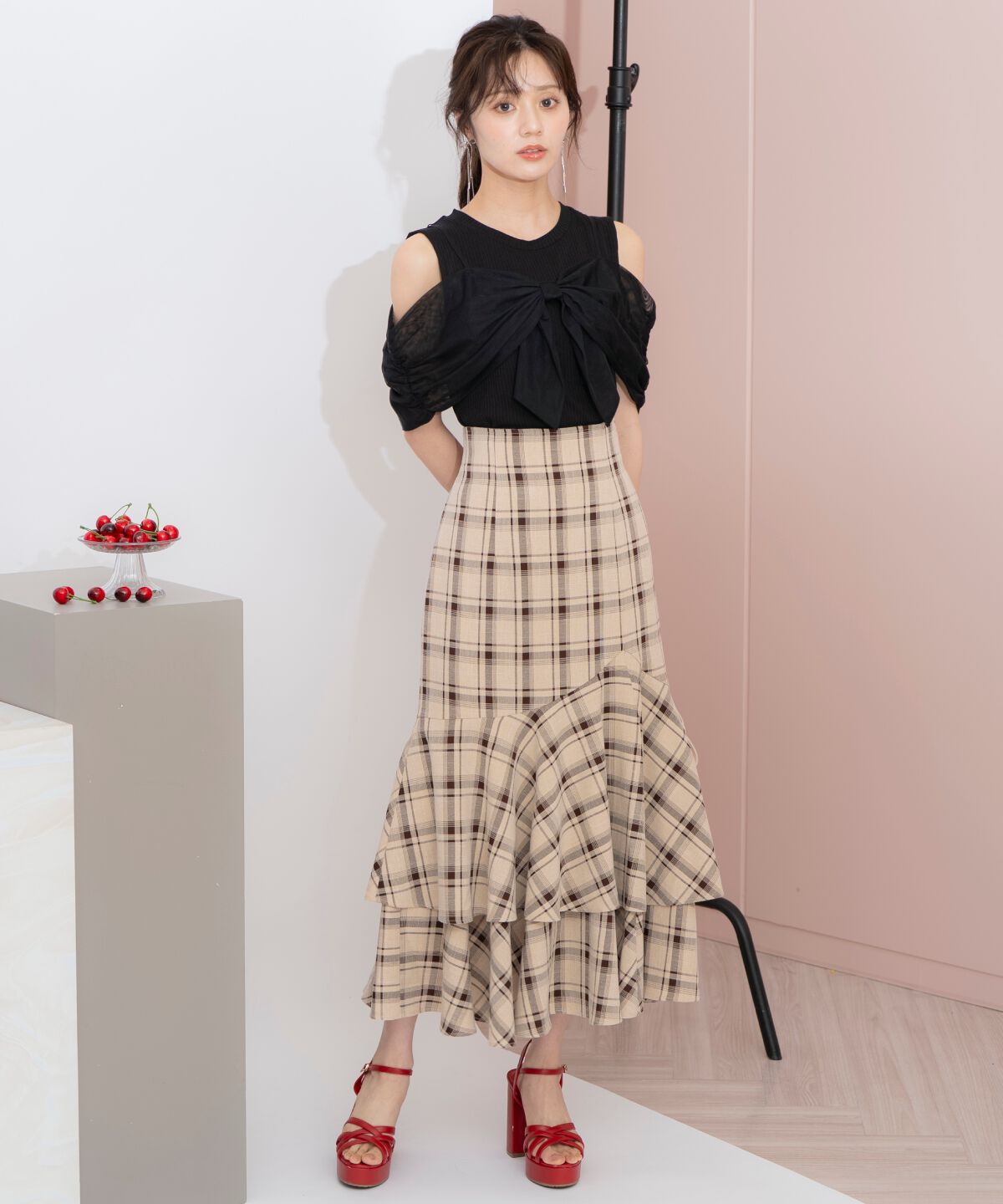 WILLSELECTION「ティアードヘムマーメイドスカート」|タイト|茶系チェック