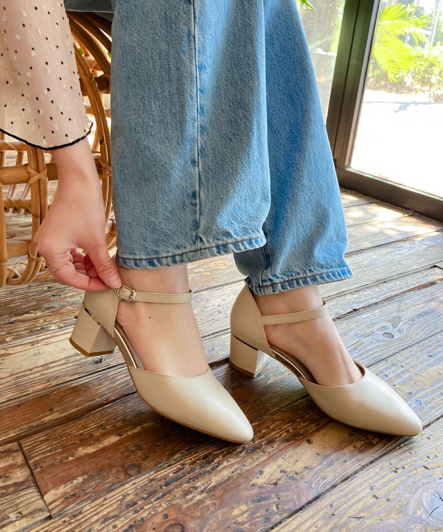 ORiental TRaffic「【WEB限定】アーモンドトゥ セパレートパンプス /55103 ストラップパンプス 太ヒール オフィス」|パンプス|BEIGE