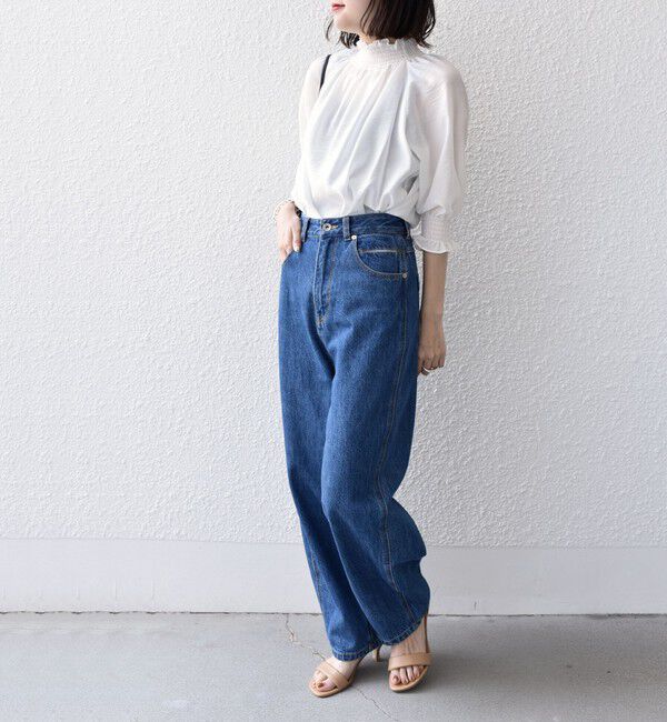 SHIPS for women「〈洗濯機可能〉シアー シャーリング ネック 5分袖 ブラウス」|シャツ・ブラウス|