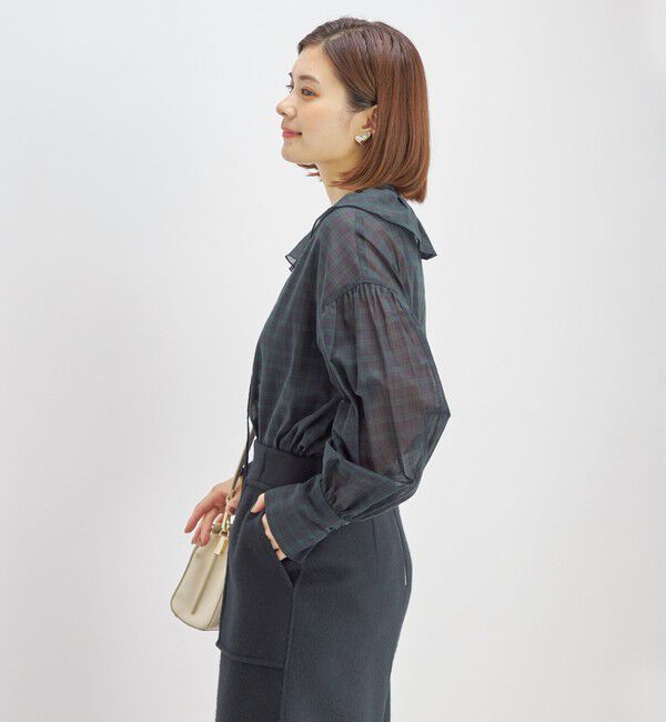 SHIPS for women「〈手洗い可能〉フリルカラー シアー チェック ブラウス」|シャツ・ブラウス|