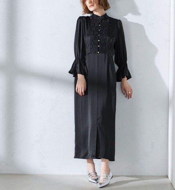 SHIPS for women「【SHIPS別注】A PUPIL:〈洗濯機可能〉サテン ロング ワンピース」|ワンピース|ブラック