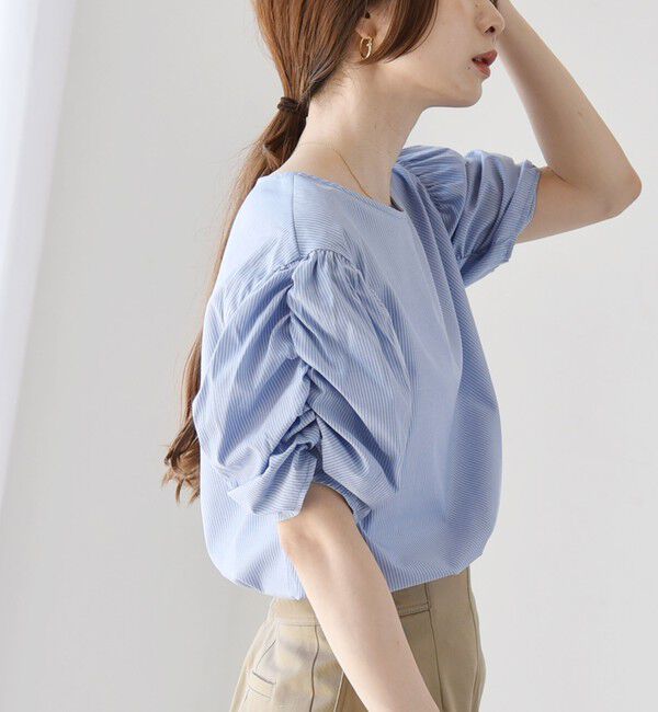 quaranciel「quaranciel:〈手洗い可能〉ギャザー ハーフスリーブ ストライプ ブラウス」|シャツ・ブラウス|