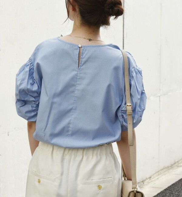 quaranciel「quaranciel:〈手洗い可能〉ギャザー ハーフスリーブ ストライプ ブラウス」|シャツ・ブラウス|