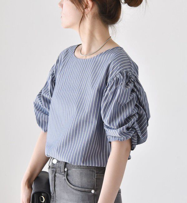 quaranciel「quaranciel:〈手洗い可能〉ギャザー ハーフスリーブ ストライプ ブラウス」|シャツ・ブラウス|
