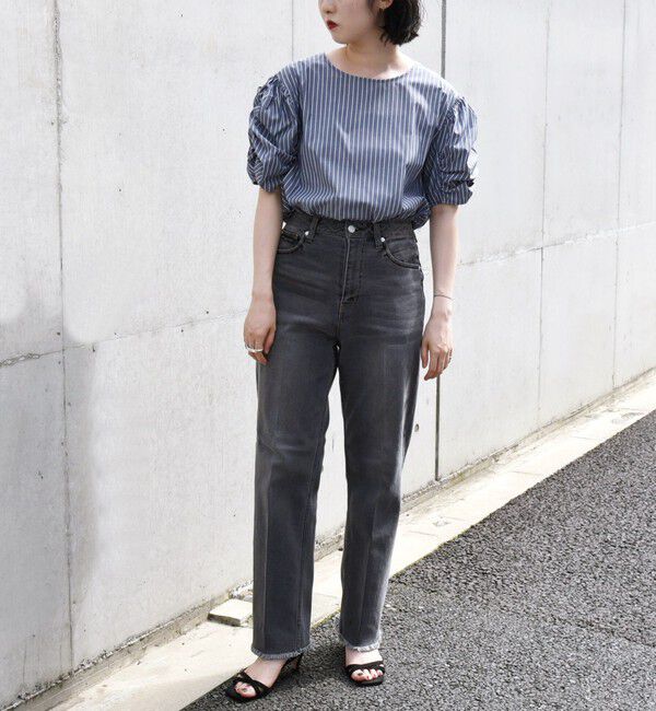 quaranciel「quaranciel:〈手洗い可能〉ギャザー ハーフスリーブ ストライプ ブラウス」|シャツ・ブラウス|