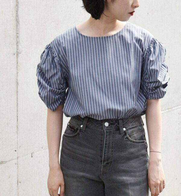 quaranciel「quaranciel:〈手洗い可能〉ギャザー ハーフスリーブ ストライプ ブラウス」|シャツ・ブラウス|