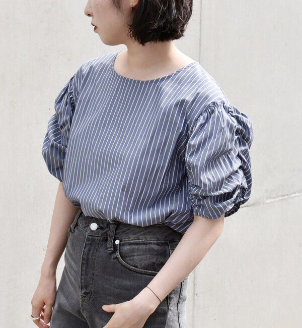 quaranciel「quaranciel:〈手洗い可能〉ギャザー ハーフスリーブ ストライプ ブラウス」|シャツ・ブラウス|