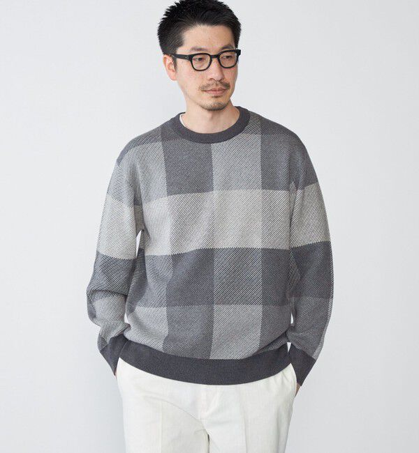SHIPS「SHIPS:〈手洗い可能〉コットン カシミヤ チェック クルーネック ニット」|ニット・セーター|