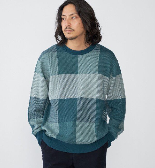 SHIPS「SHIPS:〈手洗い可能〉コットン カシミヤ チェック クルーネック ニット」|ニット・セーター|グリーン