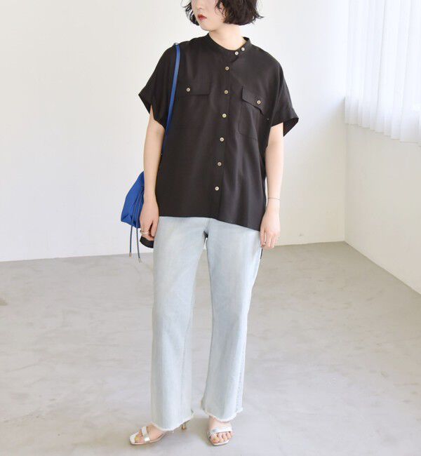 quaranciel「quaranciel:〈手洗い可能〉バンドカラー ハーフスリーブ ポケット ワーク シャツ」|シャツ・ブラウス|