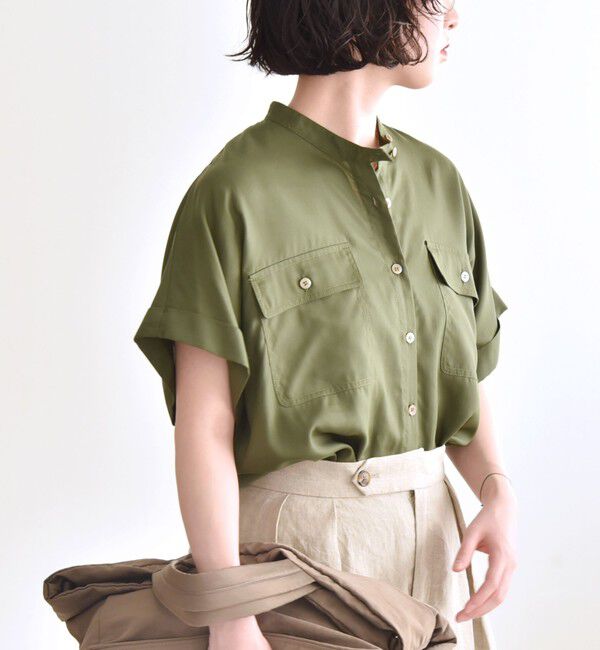 quaranciel「quaranciel:〈手洗い可能〉バンドカラー ハーフスリーブ ポケット ワーク シャツ」|シャツ・ブラウス|