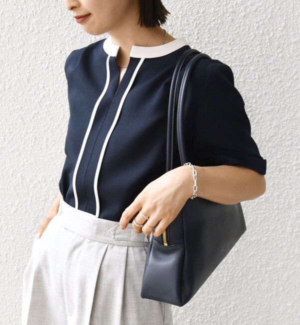 SHIPS for women「〈手洗い可能〉パイピング キーネック 半袖 ブラウス」|シャツ・ブラウス|