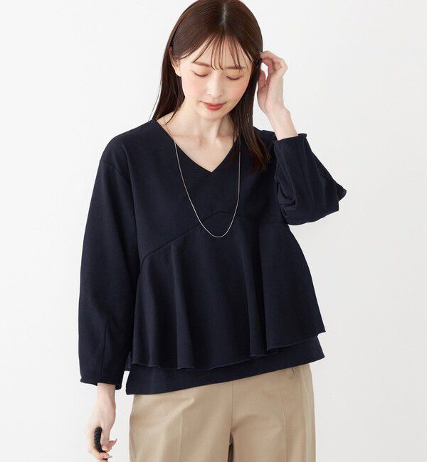SHIPS Colors 「SHIPS Colors:〈手洗い可能〉ミラノリブ Vネック ペプラム トップス」|Tシャツ・カットソー|ネイビー