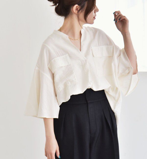 quaranciel「quaranciel:〈手洗い可能〉フレア ハーフスリーブ バンドカラー スキッパー シャツ」|シャツ・ブラウス|