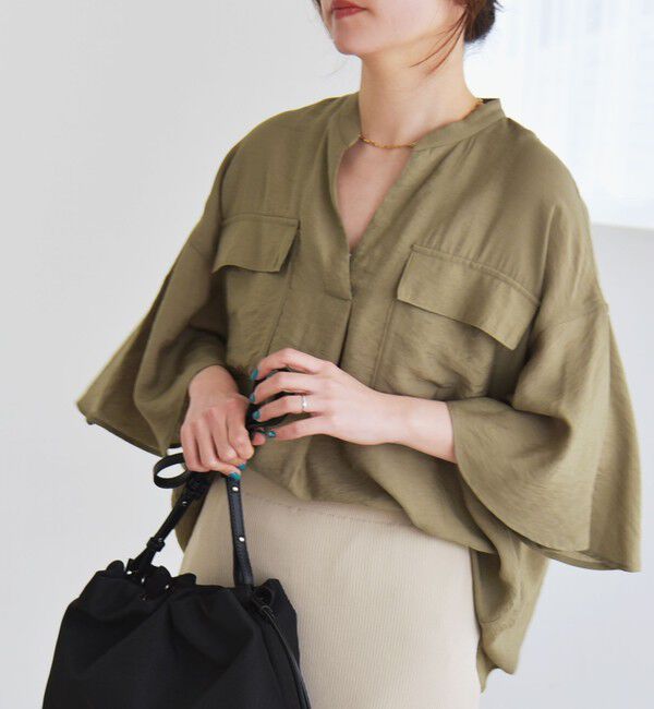 quaranciel「quaranciel:〈手洗い可能〉フレア ハーフスリーブ バンドカラー スキッパー シャツ」|シャツ・ブラウス|