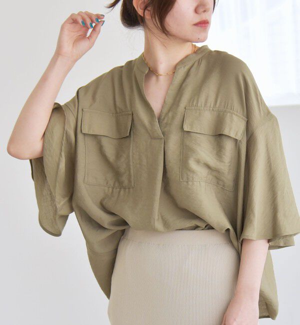 quaranciel「quaranciel:〈手洗い可能〉フレア ハーフスリーブ バンドカラー スキッパー シャツ」|シャツ・ブラウス|