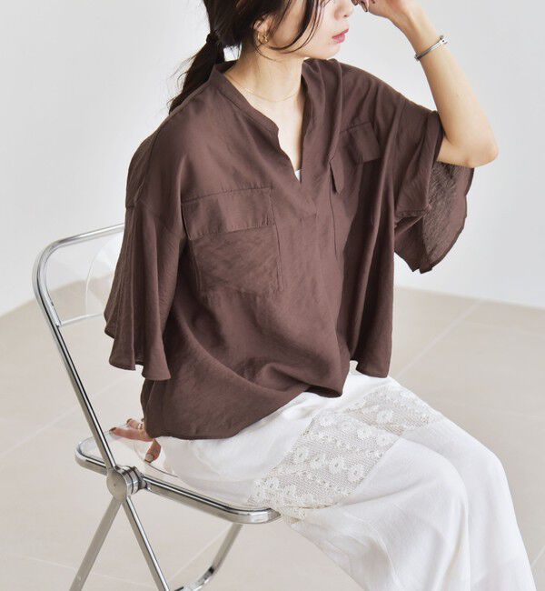 quaranciel「quaranciel:〈手洗い可能〉フレア ハーフスリーブ バンドカラー スキッパー シャツ」|シャツ・ブラウス|