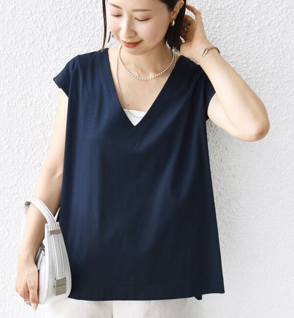SHIPS for women「〈手洗い可能〉スムース Vネック フレンチ スリーブ」|タンクトップ|ネイビー