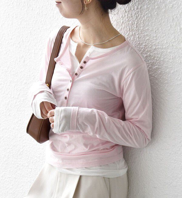 SHIPS any「《予約》SHIPS any:〈手洗い可能〉シアー コットン ヘンリーネック ロングスリーブ TEE」|Tシャツ・カットソー|ピンク