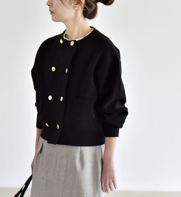 quaranciel「《予約》quaranciel:〈手洗い可能〉ノーカラー ダブル ボタン ジャケット カーディガン」|カーディガン|