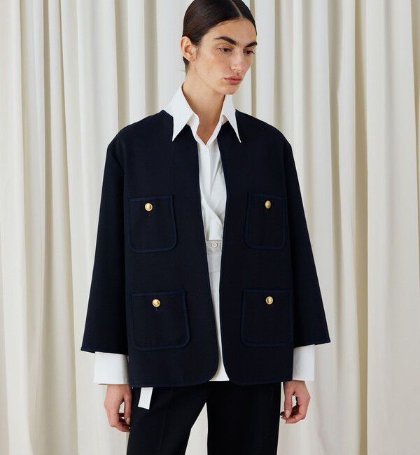 DES PRES「ハードウールオックスフォード ミディジャケット」|ノーカラージャケット|