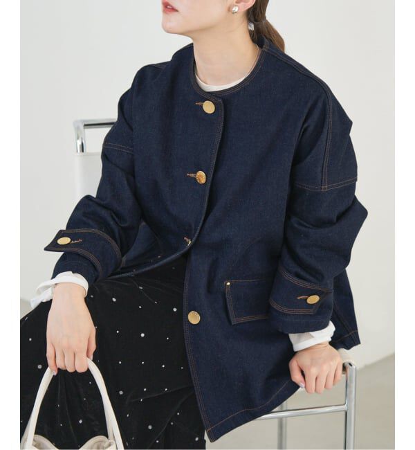IENA「MACKINTOSH/マッキントッシュ 別注 HUMBIE DENIM JACKET ノーカラーコート」|ノーカラーコート|ネイビー