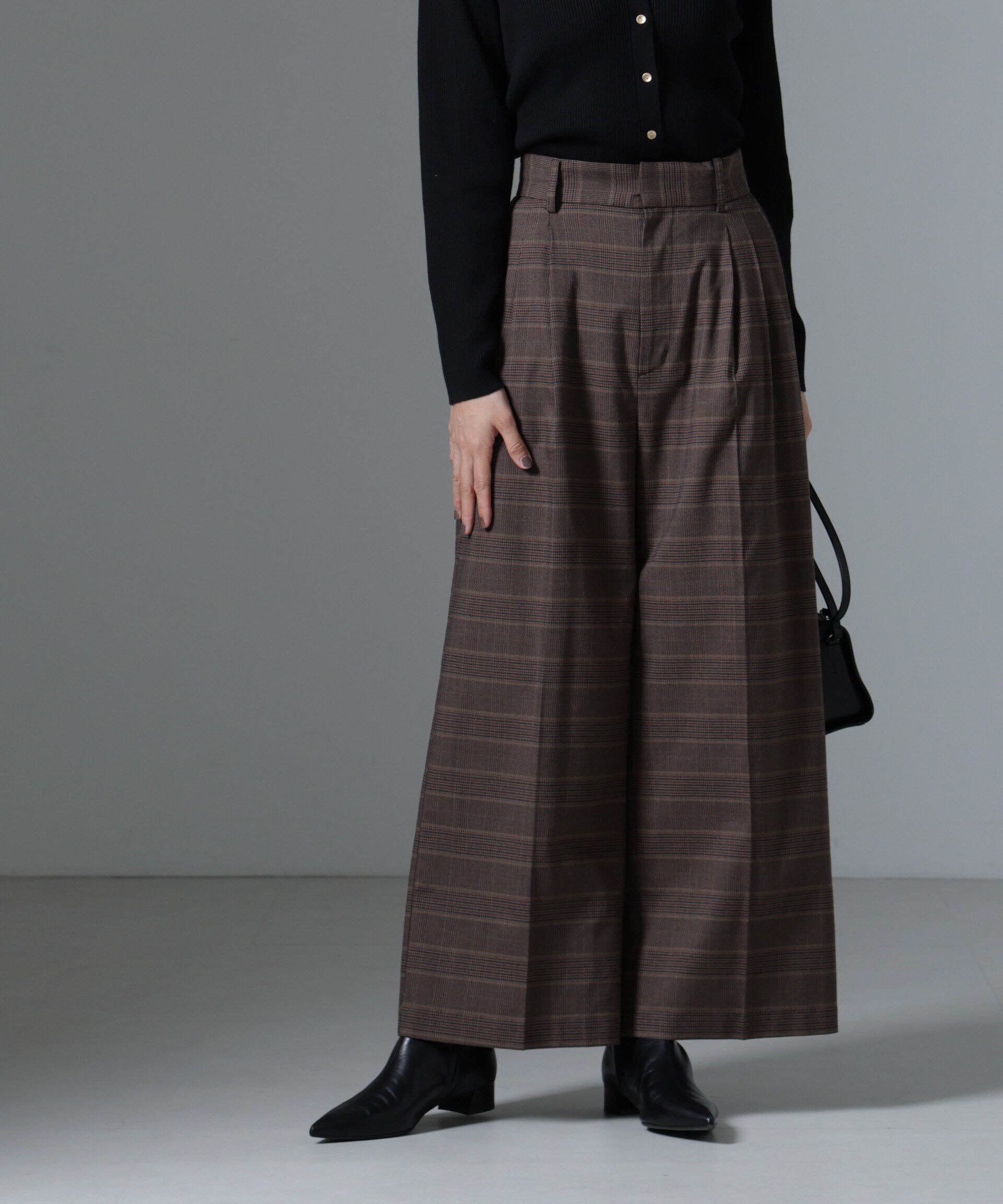 nano･universe「グレンチェックワイドパンツ」|チノ|ブラウン