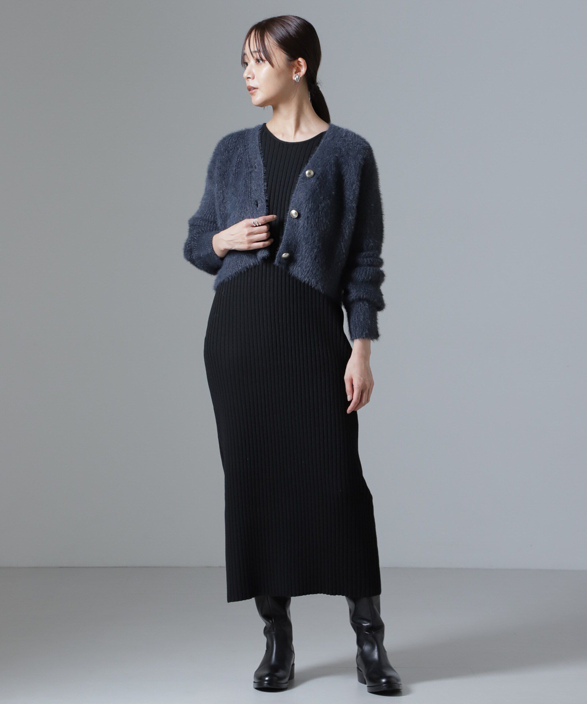 nano･universe「シャギーラメカーディガン&times;リブニットワンピース」|ワンピース|