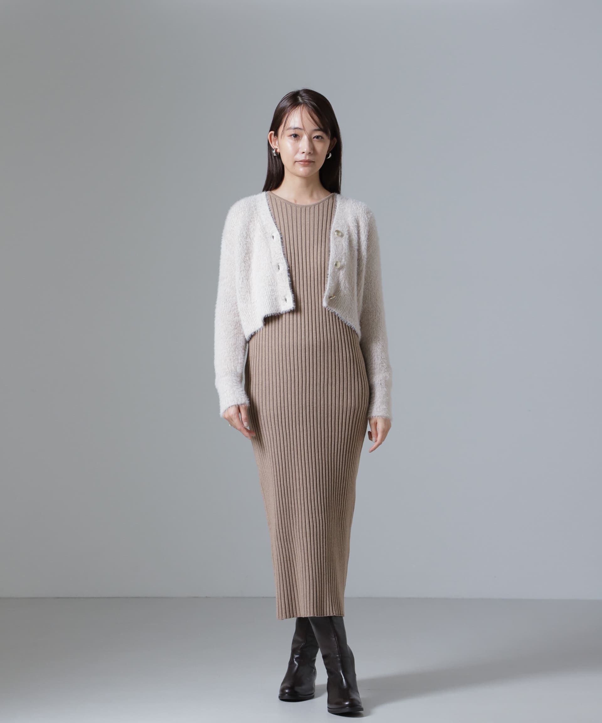 nano･universe「シャギーラメカーディガン&times;リブニットワンピース」|ワンピース|