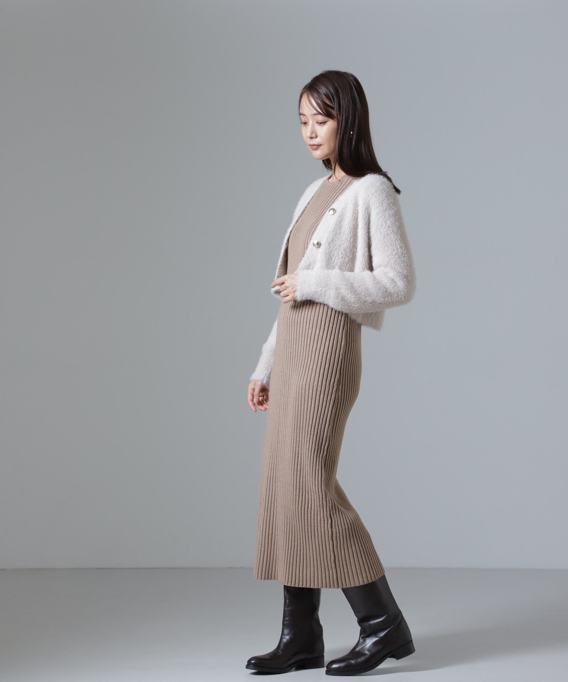 nano･universe「シャギーラメカーディガン&times;リブニットワンピース」|ワンピース|