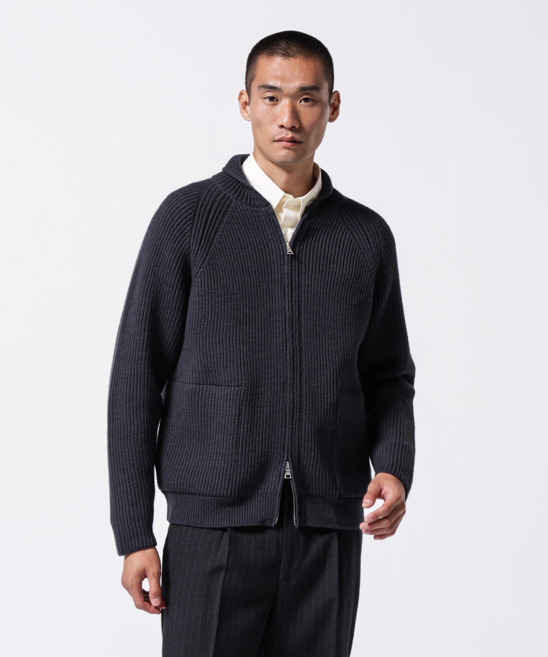 nano･universe「「ASSEMBLANC」フレンチウールスカーフカラージップニット」|ニット・セーター|チャコール3