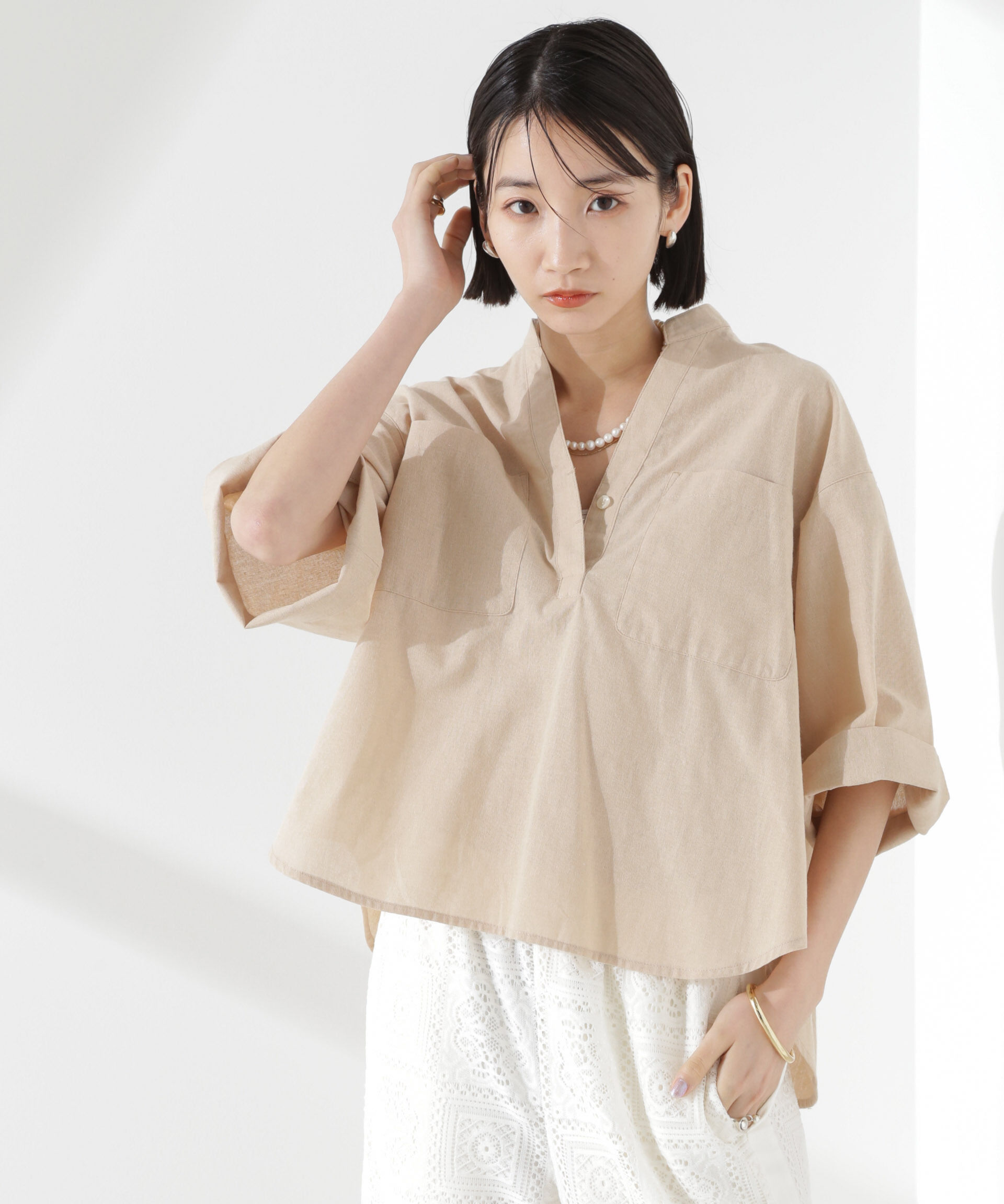 nano･universe「綿麻COOLMAX5分袖シャツ(セットアップ可）」|シャツ・ブラウス|ベージュ