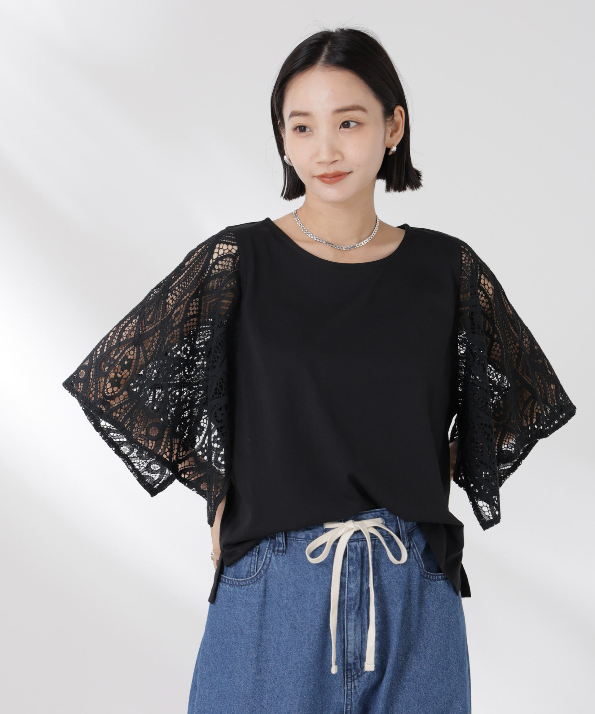 nano･universe「レーススクエアスリーブカットトップス」|Tシャツ・カットソー|ブラック