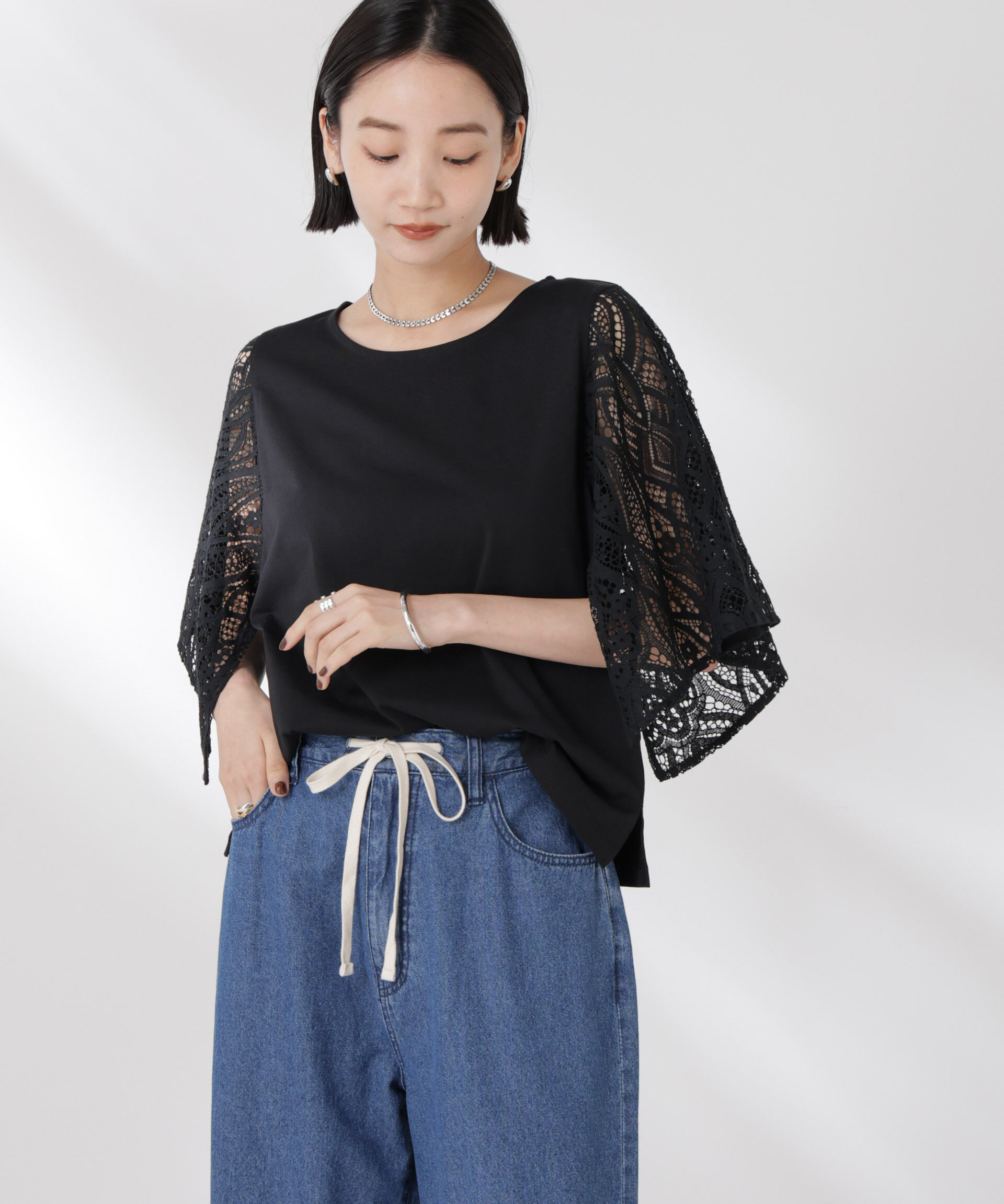 nano･universe「レーススクエアスリーブカットトップス」|Tシャツ・カットソー|