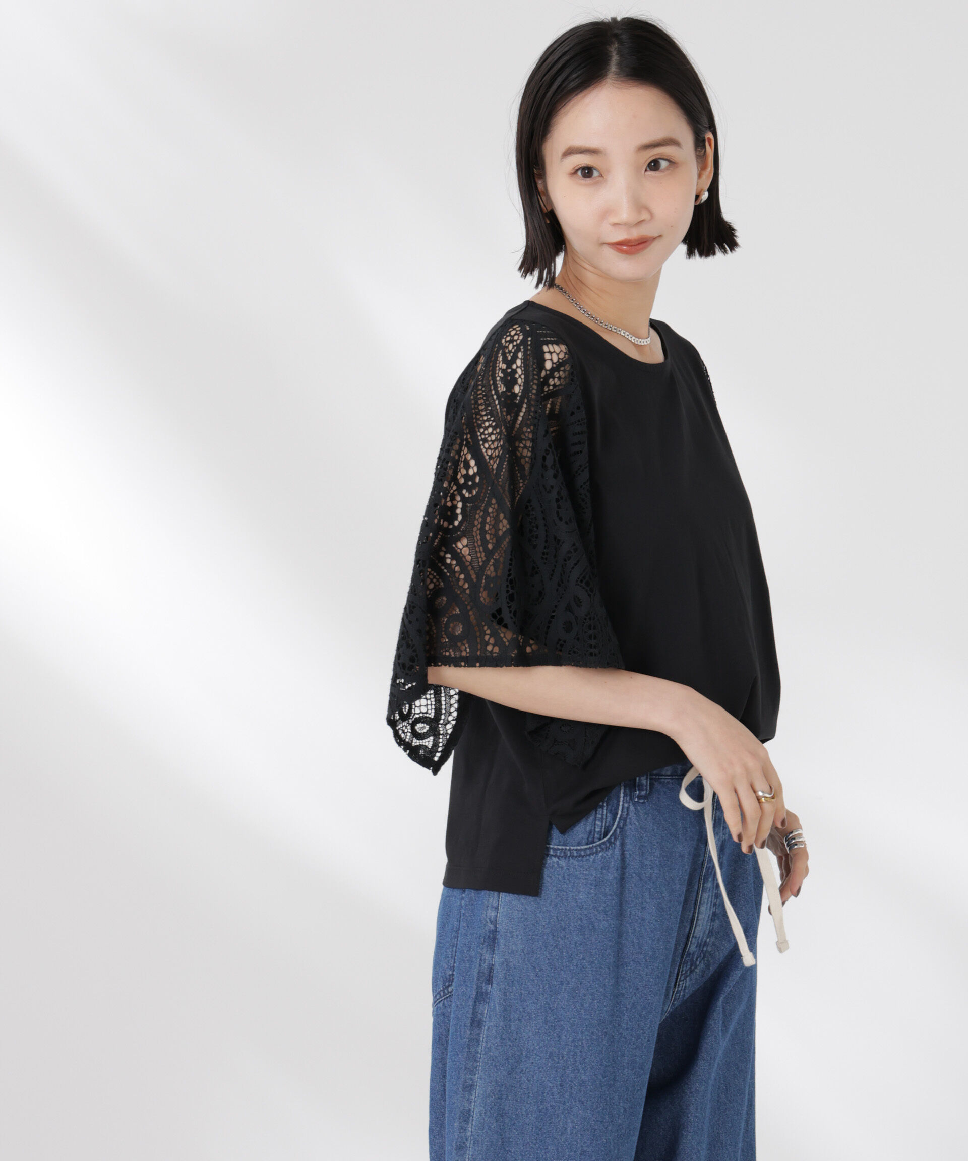 nano･universe「レーススクエアスリーブカットトップス」|Tシャツ・カットソー|