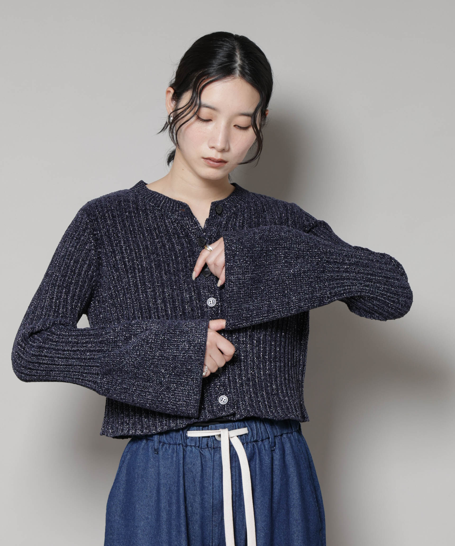 nano･universe「ラメモールワイドリブ前後2WAYフレアスリーブニット(セットアップ可)」|ニット・セーター|ネイビー