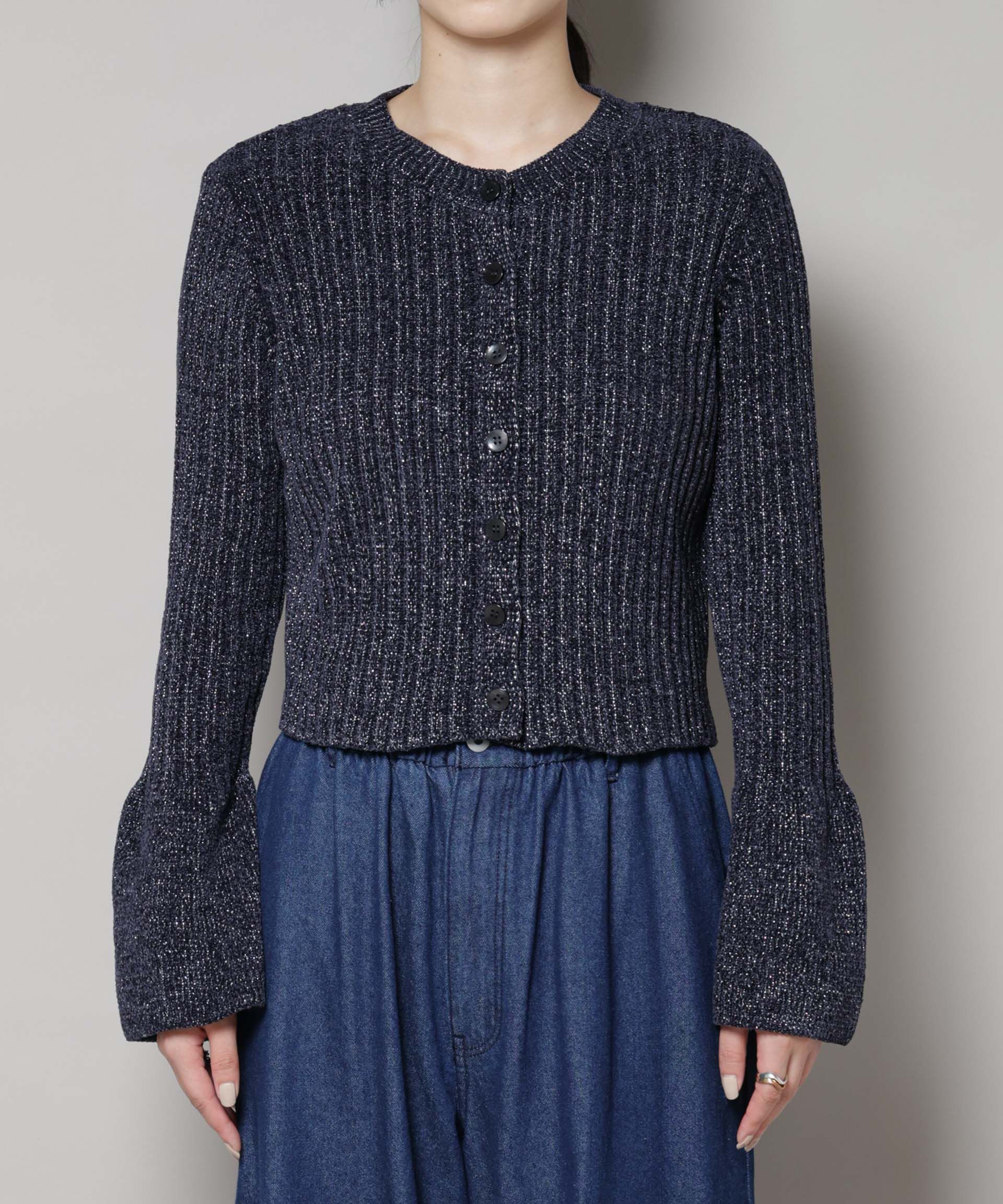 nano･universe「ラメモールワイドリブ前後2WAYフレアスリーブニット(セットアップ可)」|ニット・セーター|