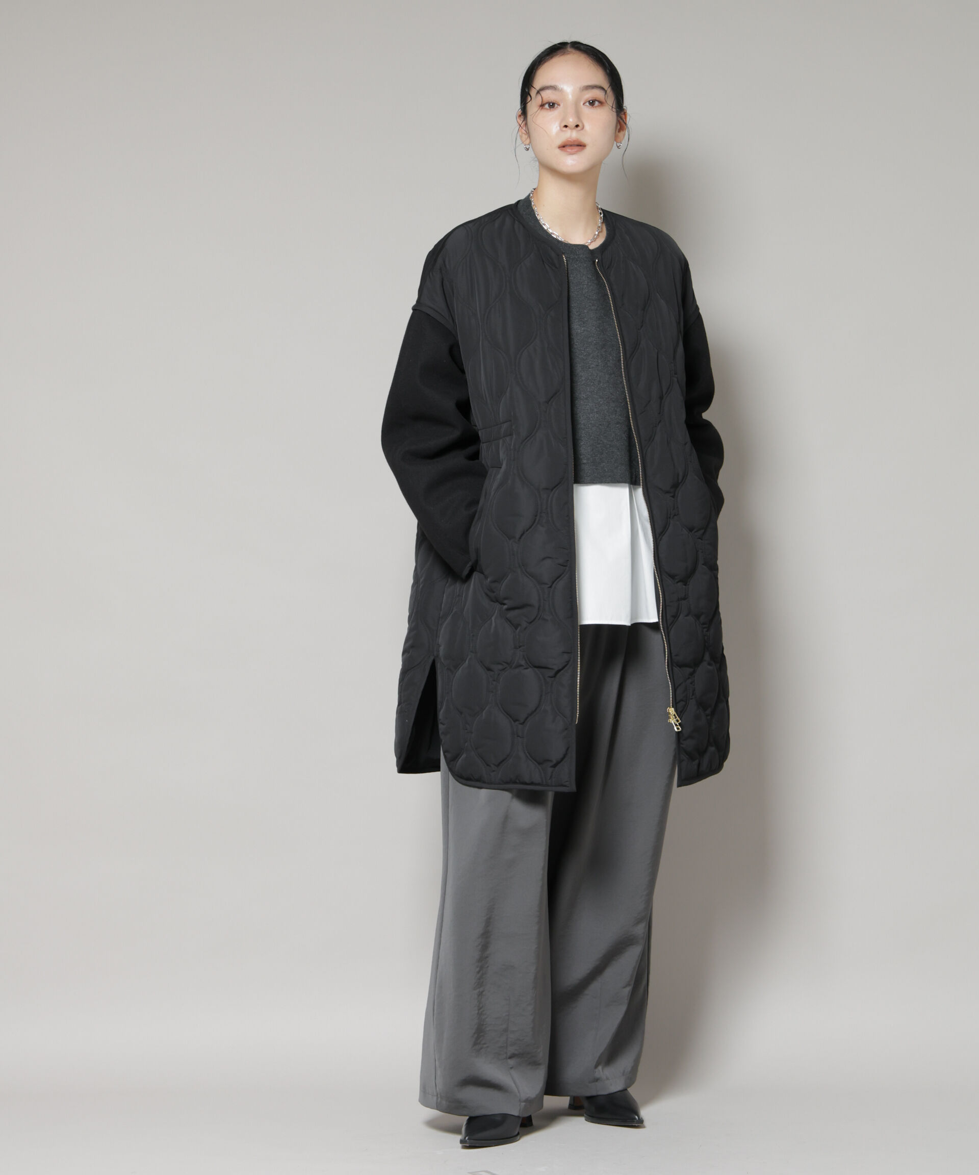 nano･universe「異素材コンビキルティングノーカラーコート」|その他|