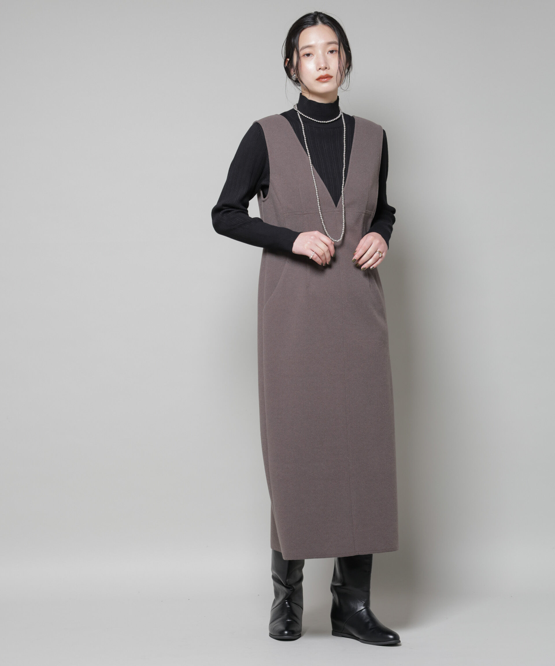 nano･universe「ニードルジャージーVネックワンピース」|ワンピース|モカ3