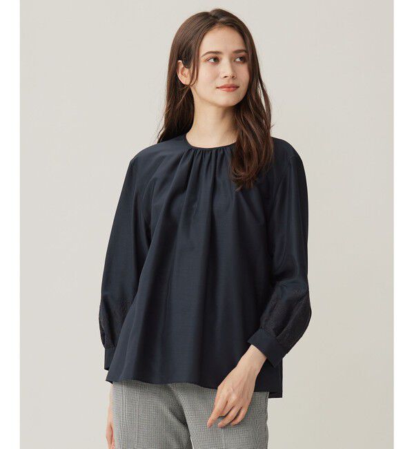 自由区「【洗える】シアーエンブロイダリープルオーバー ブラウス」|シャツ・ブラウス|ネイビー