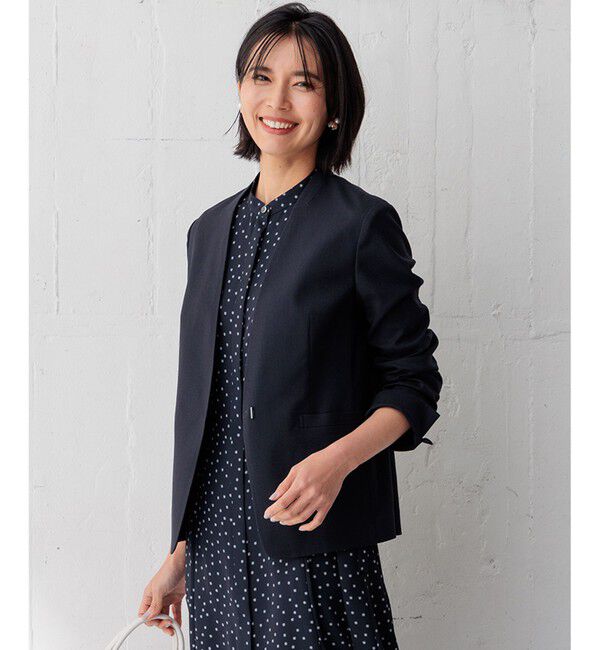 23区「【洗える/セットアップ対応】アイアスマットストレッチ ノーカラー ジャケット」|ノーカラージャケット|ネイビー系